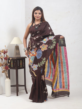Deep Chocolate Brown Multicolour Pure Murshidabad Silk Saree with Japanese Fan and Floral Motifs in Hand Batik