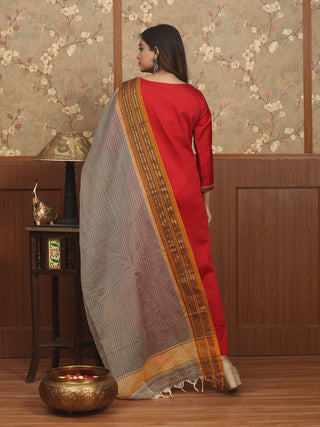 KALAMKARI VIRAASAT – Crimson Red Glazed Cotton Designer Kurta Set with Pen Kalamkari, Hand Aari & Narayanpet Dupatta