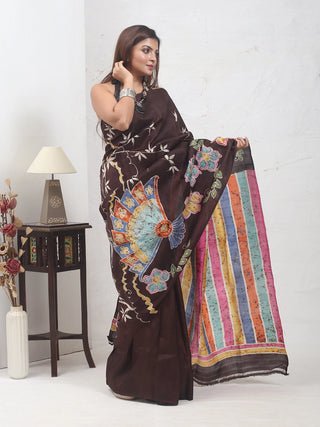 Deep Chocolate Brown Multicolour Pure Murshidabad Silk Saree with Japanese Fan and Floral Motifs in Hand Batik
