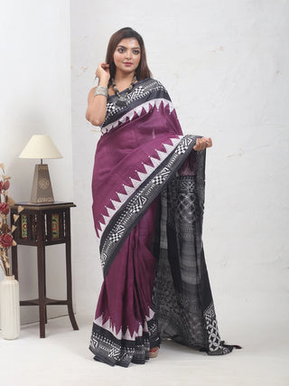 Plum & Charcoal Grey Pure Tussar Silk Saree with Hand Kantha Embroidery