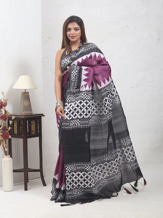 Plum & Charcoal Grey Pure Tussar Silk Saree with Hand Kantha Embroidery