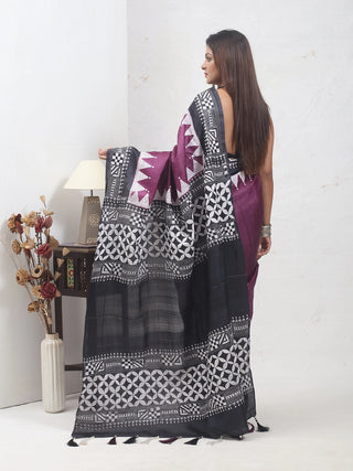 Plum & Charcoal Grey Pure Tussar Silk Saree with Hand Kantha Embroidery