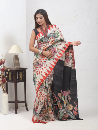 Ivory, Red & Black Bishnupur Katan Batik Silk Saree with Floral Motifs