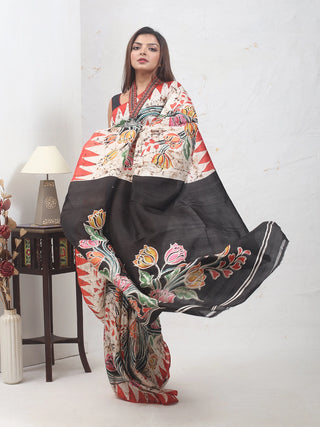 Ivory, Red & Black Bishnupur Katan Batik Silk Saree with Floral Motifs