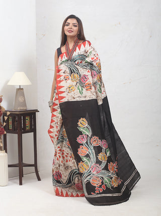 Ivory, Red & Black Bishnupur Katan Batik Silk Saree with Floral Motifs