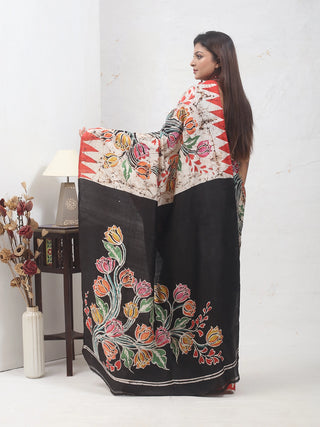 Ivory, Red & Black Bishnupur Katan Batik Silk Saree with Floral Motifs