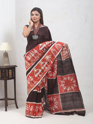 Deep Chocolate Brown & Terracotta Pure Murshidabad Silk Saree with Warli-Inspired Motifs in Hand Batik