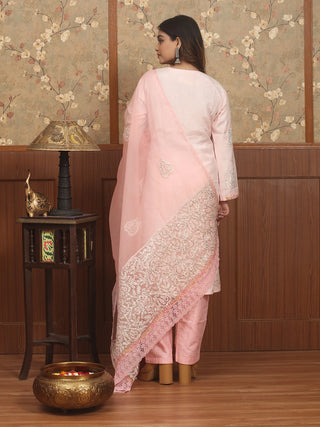 GULBAHAR NOOR – Baby Pink Indian Crepe Silk Designer Kurta Set with Hand & Lucknowi Embroidery