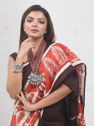 Deep Chocolate Brown & Terracotta Pure Murshidabad Silk Saree with Warli-Inspired Motifs in Hand Batik