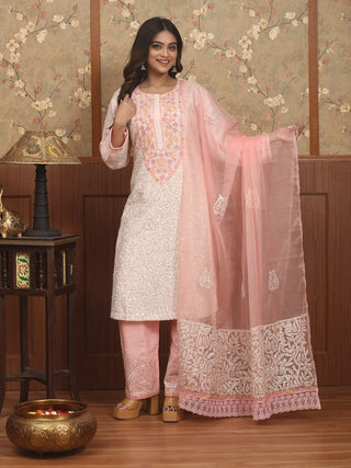 GULBAHAR NOOR – Baby Pink Indian Crepe Silk Designer Kurta Set with Hand & Lucknowi Embroidery
