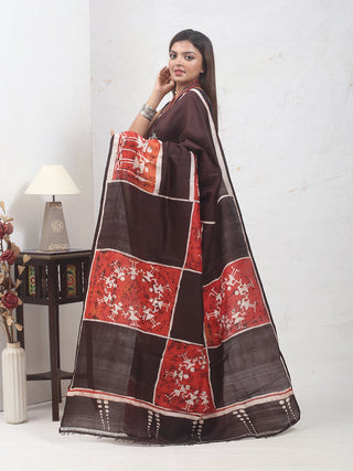 Deep Chocolate Brown & Terracotta Pure Murshidabad Silk Saree with Warli-Inspired Motifs in Hand Batik