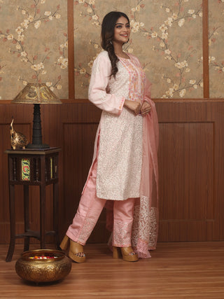 GULBAHAR NOOR – Baby Pink Indian Crepe Silk Designer Kurta Set with Hand & Lucknowi Embroidery