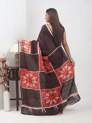 Deep Chocolate Brown & Terracotta Pure Murshidabad Silk Saree with Warli-Inspired Motifs in Hand Batik