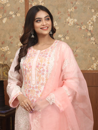GULBAHAR NOOR – Baby Pink Indian Crepe Silk Designer Kurta Set with Hand & Lucknowi Embroidery