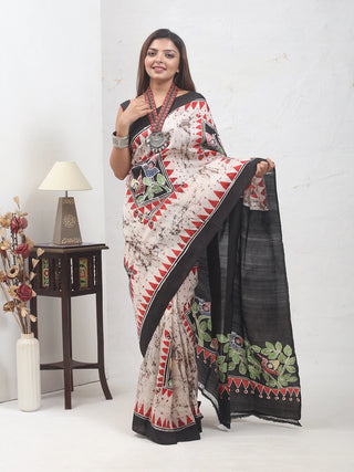 Ivory, Black & Multicolour Pure Bishnupur Katan Silk Saree with Hand Batik