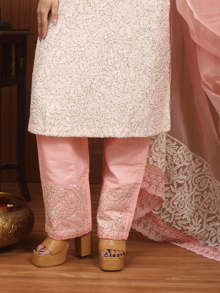 GULBAHAR NOOR – Baby Pink Indian Crepe Silk Designer Kurta Set with Hand & Lucknowi Embroidery