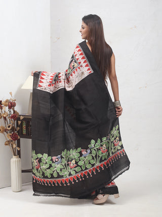 Ivory, Black & Multicolour Pure Bishnupur Katan Silk Saree with Hand Batik