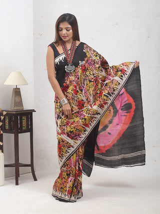 Black Bishnupur Katan Batik Silk Saree depicting Autumn