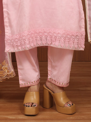 ROSÉ AANGAN – Blush Pink Organza Designer Kurta Set with Floral Machine Embroidery