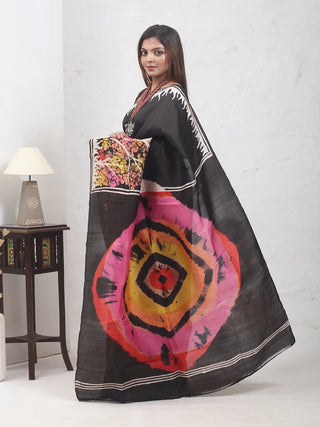 Black Bishnupur Katan Batik Silk Saree depicting Autumn