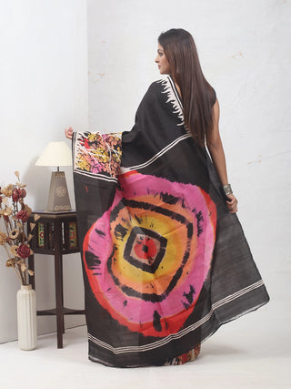 Black Bishnupur Katan Batik Silk Saree depicting Autumn