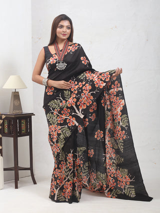 Black Pure Bishnupur Katan Silk with Gulmohar Flowers in Hand Batik