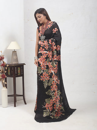 Black Pure Bishnupur Katan Silk with Gulmohar Flowers in Hand Batik