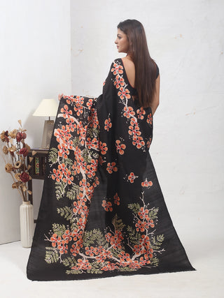 Black Pure Bishnupur Katan Silk with Gulmohar Flowers in Hand Batik