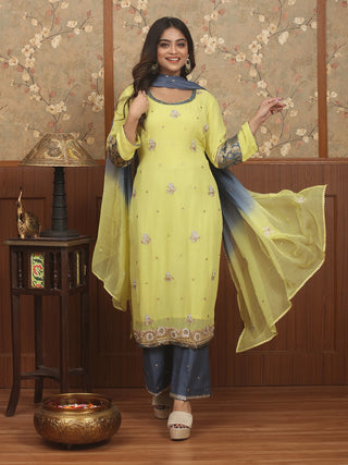 Nazneen – Aari Embroidered Lime Georgette Kurta Palazzo Set
