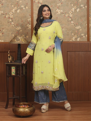 Nazneen – Aari Embroidered Lime Georgette Kurta Palazzo Set