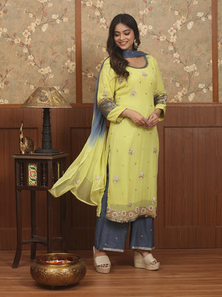 Nazneen – Aari Embroidered Lime Georgette Kurta Palazzo Set