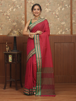 Magenta Poona Cotton Saree with Green Border