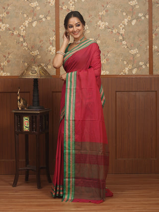 Magenta Poona Cotton Saree with Green Border