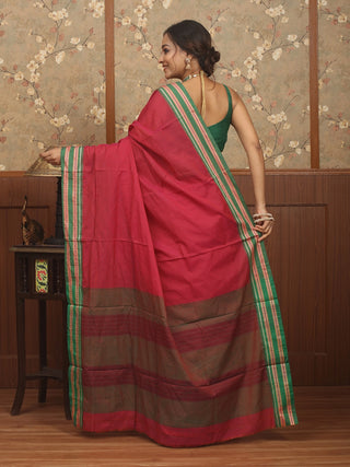 Magenta Poona Cotton Saree with Green Border