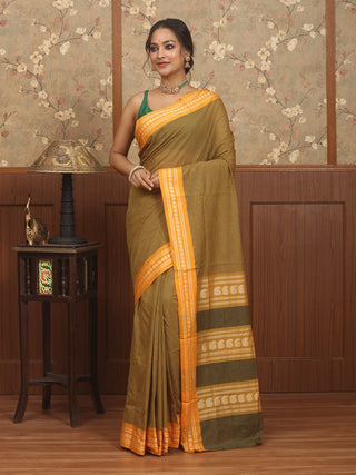 Olive & Mustard Checked Poona Cotton Saree with Woven Border
