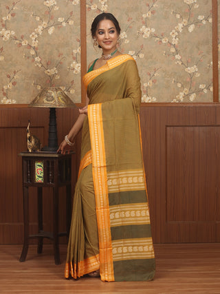 Olive & Mustard Checked Poona Cotton Saree with Woven Border