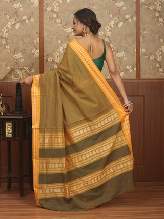 Olive & Mustard Checked Poona Cotton Saree with Woven Border