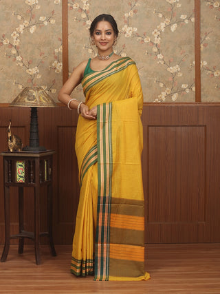 Mustard Yellow Poona Cotton Saree with Green Border