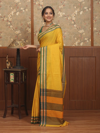 Mustard Yellow Poona Cotton Saree with Green Border