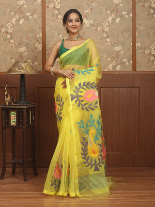 Lemon Yellow Bengal Handloom Muslin Saree with Multicoloured Floral Jamdani Weaves