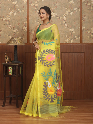 Lemon Yellow Bengal Handloom Muslin Saree with Multicoloured Floral Jamdani Weaves