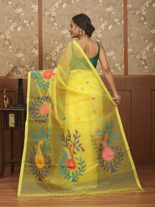 Lemon Yellow Bengal Handloom Muslin Saree with Multicoloured Floral Jamdani Weaves
