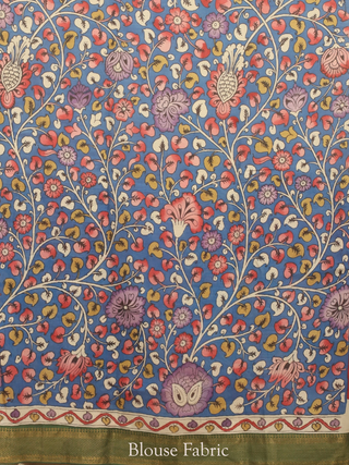 Cream Bangalore Silk Saree with Hand-Painted Srikalahasti Pen Kalamkari & Green Nizam Border