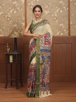 Cream Bangalore Silk Saree with Hand-Painted Srikalahasti Pen Kalamkari & Green Nizam Border