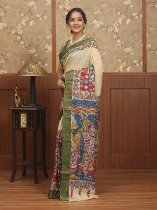 Cream Bangalore Silk Saree with Hand-Painted Srikalahasti Pen Kalamkari & Green Nizam Border
