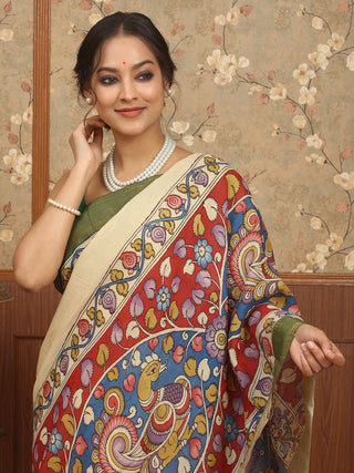 Cream Bangalore Silk Saree with Hand-Painted Srikalahasti Pen Kalamkari & Green Nizam Border