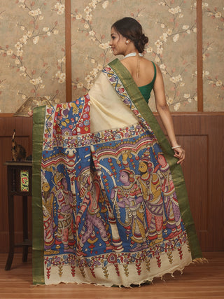 Cream Bangalore Silk Saree with Hand-Painted Srikalahasti Pen Kalamkari & Green Nizam Border