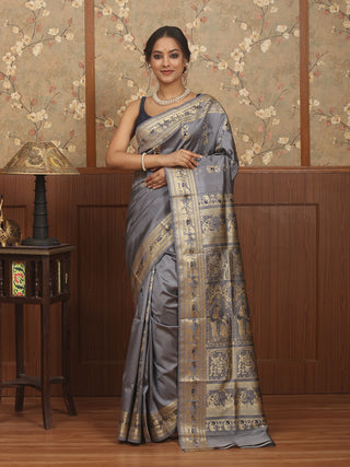 Steel Grey Baluchari Silk Saree with Golden Resham Weaving