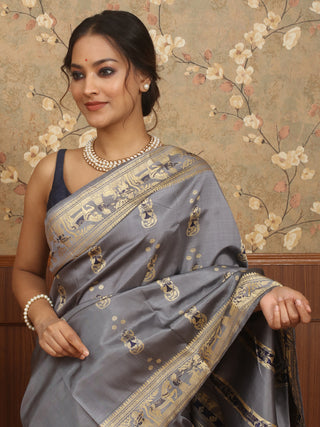 Steel Grey Baluchari Silk Saree with Golden Resham Weaving