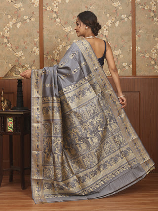 Steel Grey Baluchari Silk Saree with Golden Resham Weaving